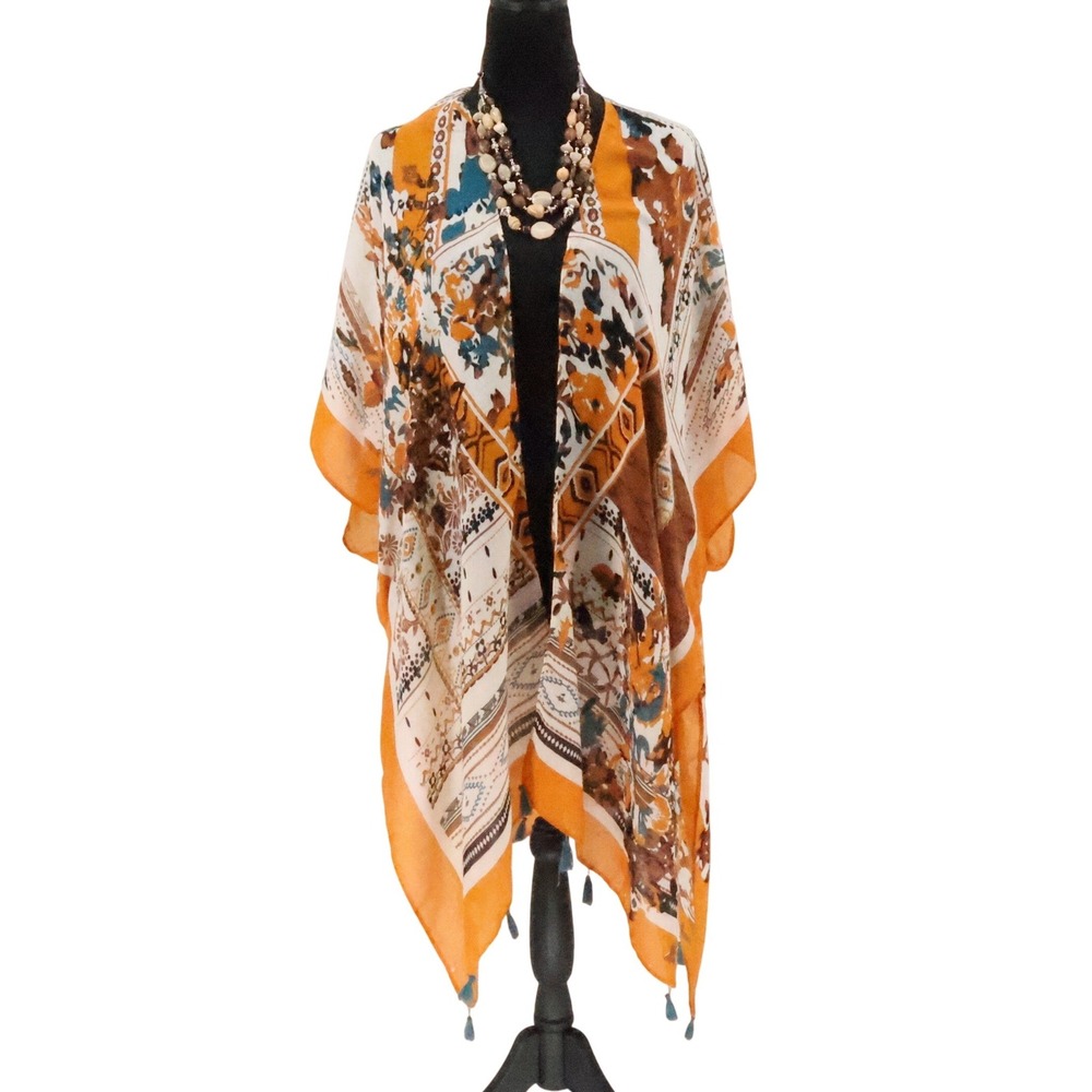 Texas True Threads Floral Kimono Womens OS Orange Boho Tassel Coastal‎ Cowgirl